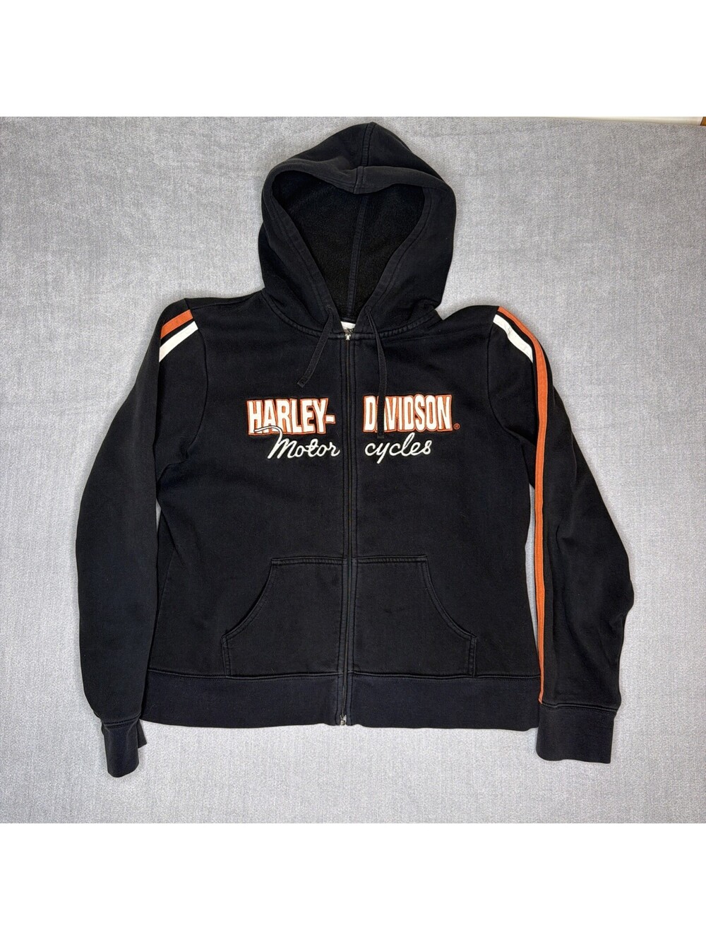 Vintage Harley Davidson Black Striped Spell Out Zip Up Hoodie Xl Women’s